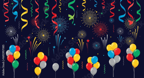 Festive collection of colorful party decorations with balloons streamers and fireworks.