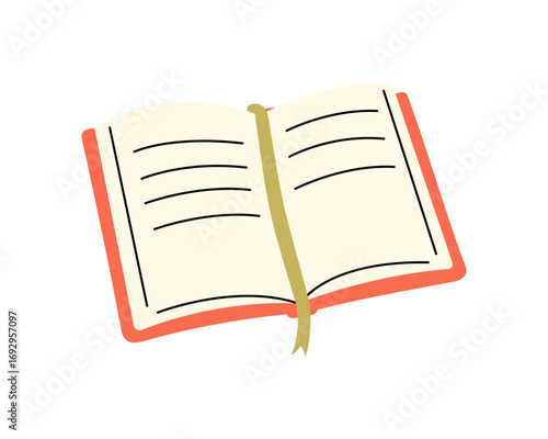Open book with orange cover and bookmark ribbon. Flat vector illustration for reading or journaling visuals