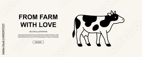 Standing dairy cow with udder in minimalist black and white vector style. Perfect for farm branding and milk product design