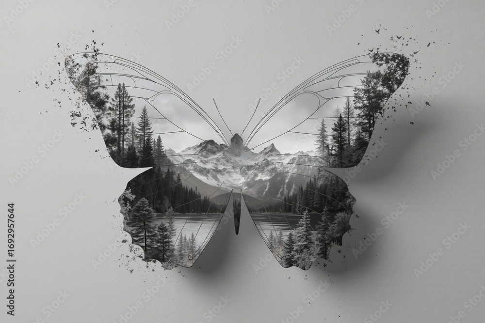 Obraz premium A black and white photo of a butterfly with a mountain in the background