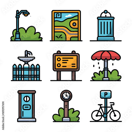 Park elements street lamp trash bin map fountain sign clock bicycle parking light bush
