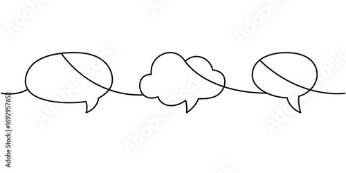 Continuous line art with three speech bubbles. Minimal abstract outline communication and dialogue