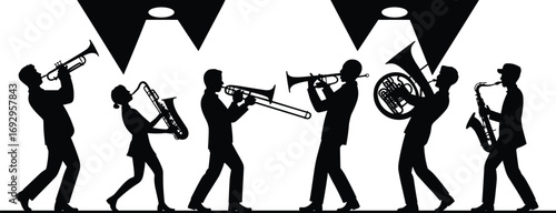 Silhouette brass band musicians playing trumpet, trombone, saxophone, and French horn, marching together, jazz music performance, live street concert scene