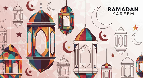 Festive Ramadan illustration with colorful mosaic and line art lanterns crescent moons and stars.