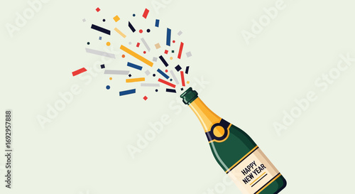 Flat design champagne bottle exploding vibrant confetti featuring Happy New Year label.