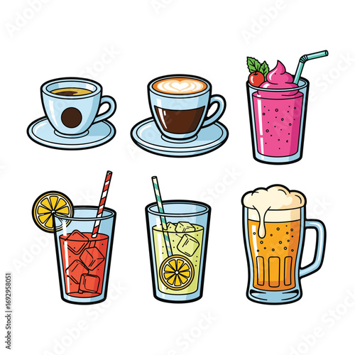 Six colorful cartoon drinks including coffee latte smoothie iced tea lemonade and beer coffee cup latte art