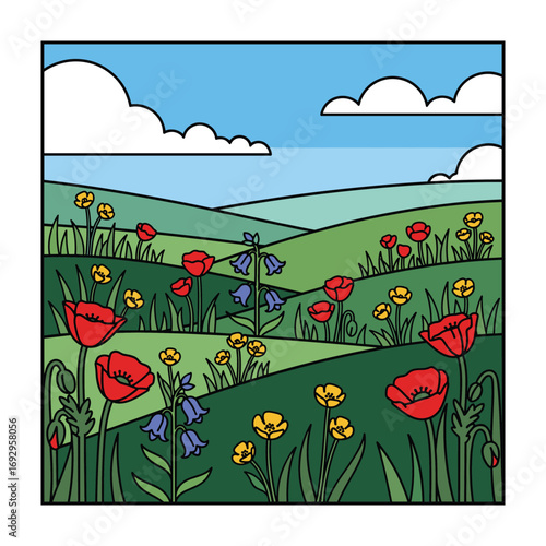 Stylized rolling green hills with red poppies bluebells and yellow buttercups under a blue sky with white clouds