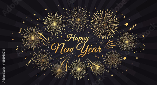 Golden Fireworks Display Celebrating Happy New Year with Confetti.