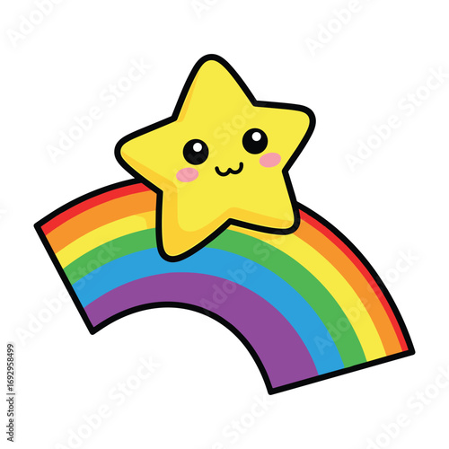 Cute yellow star with blushing cheeks on a rainbow arc vector