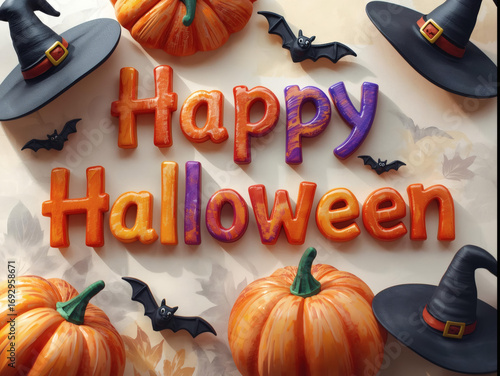 Spooky Happy Halloween 3D Artwork with Pumpkins