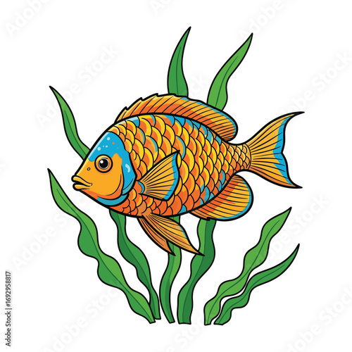 Orange and blue patterned fish swimming among green seaweed orange fish blue fish