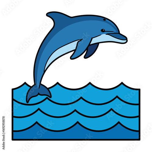 Blue cartoon dolphin leaping out of stylized blue ocean waves jumping