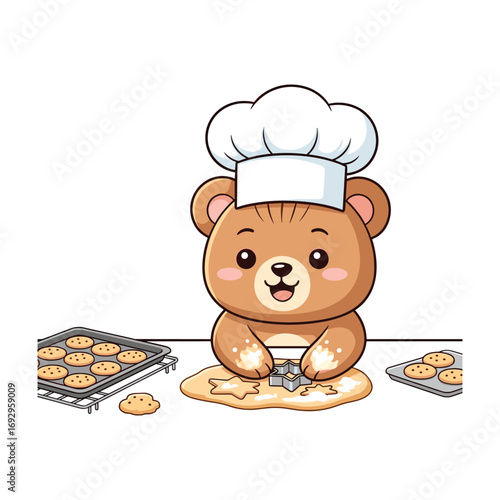 Cute cartoon bear wearing chef hat making star shaped cookies from dough cooking baking