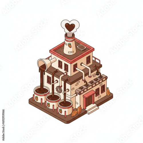 An illustration of a whimsical chocolate factory with liquid chocolate flowing through pipes and into vats, and a heart-shaped puff of smoke coming from the chimney.