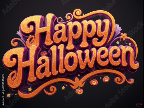 Retro 1970s Style Happy Halloween 3D Typography with Psychedelic Orange and Purple Lettering and Decorative Pumpkins
