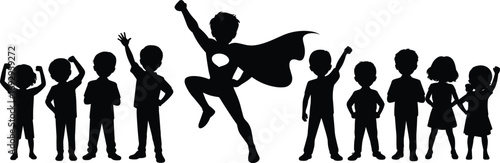 Silhouette of children with superhero boy in cape, group of kids raising hands, childhood teamwork, friendship, imagination, unity, empowerment