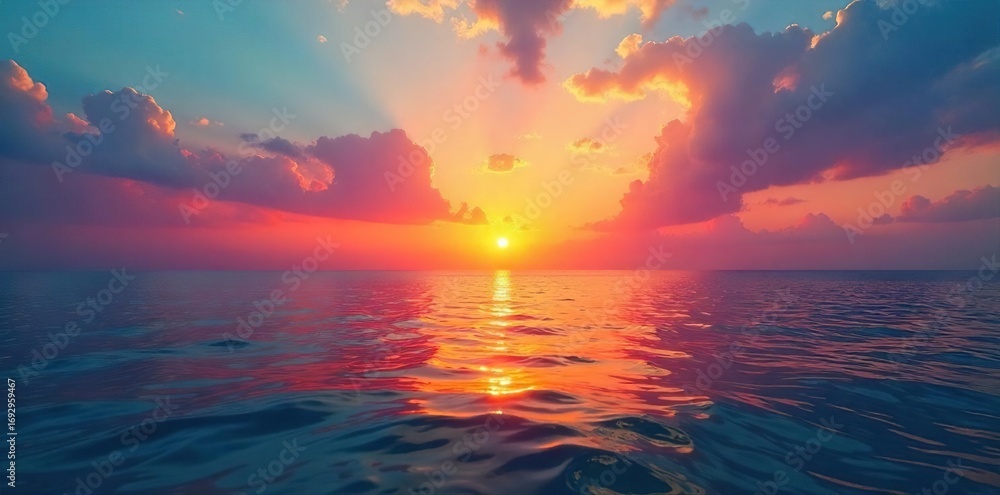 Fototapeta premium Serene sunset over calm ocean water, reflecting vibrant colors in the sky Silhouetted horizon, tranquil scene Perfect for travel, nature, or relaxation themes , tranquil, purple, water