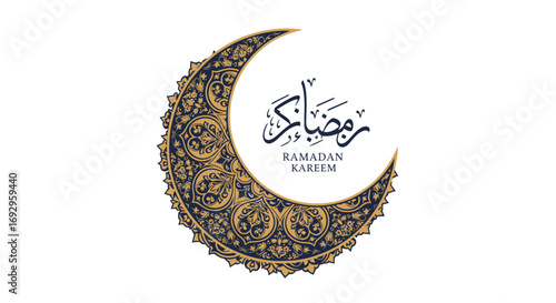 Ornate Crescent Moon with Ramadan Kareem Calligraphy.
