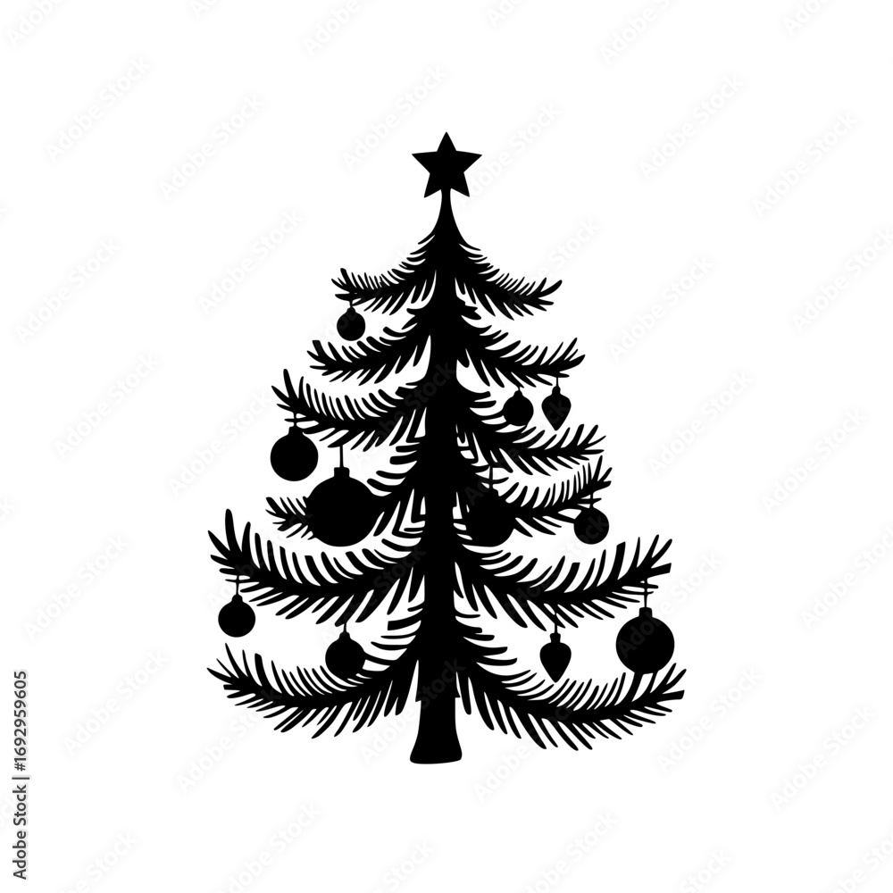 Obraz premium Festive black silhouette Christmas tree adorned with ornaments and star ready for holiday design
