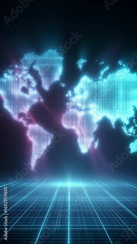 Futuristic digital world map with gridlines and neon lights in a virtual space
