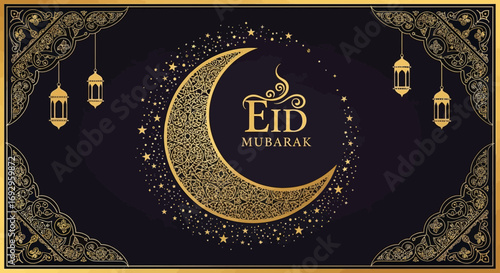 Ornate golden crescent moon Eid Mubarak calligraphy decorative lanterns and sparkling stars.
