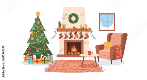 Vector illustration of a warm and cozy living room decorated for Christmas, featuring a fireplace, tree, and presents for a festive holiday