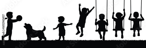 Silhouette of happy children playing outdoors, swinging on swings, jumping, playing ball, with playful dog, joyful childhood fun in park