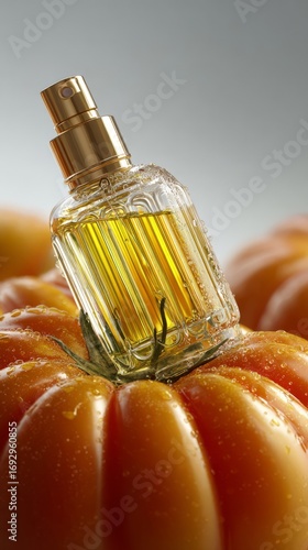 Golden perfume bottle atop dewy pumpkin, harvest aroma fusion, autumnal allure, reminiscent of Samhain festivities and eccentricity