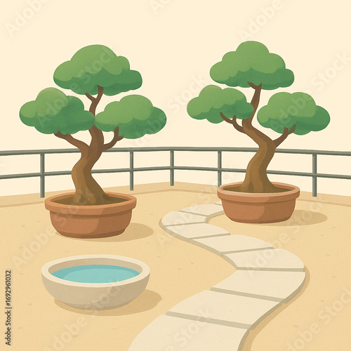 A serene Zen garden illustration with two bonsai trees in pots, a stone path, and a water basin creating a peaceful ambiance
