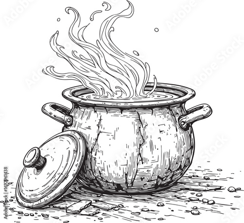 A detailed black and white line drawing of a weathered, cracked cauldron resting on a rustic surface.