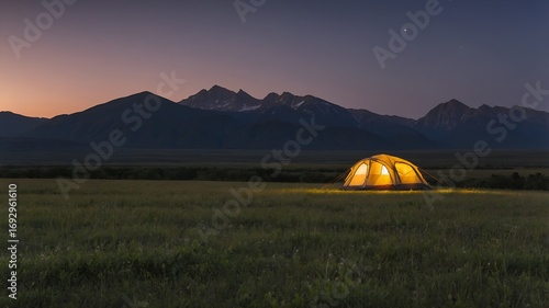 A glowing tent sits on a grassy plain at dusk, with mountains in the background, creating a peaceful and adventurous outdoor scene.
