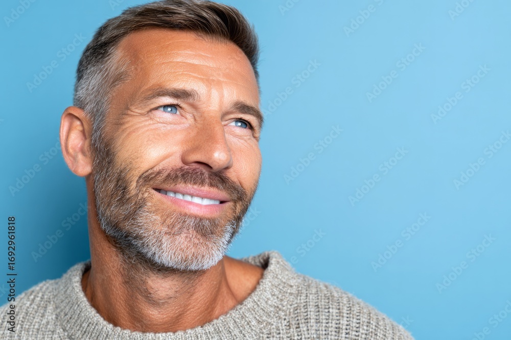 Obraz premium A mid-aged man with a gray beard and blue eyes, smiling and looking upward against a vibrant light-blue backdrop.