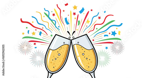 Two cartoon champagne flutes toasting with a colorful explosion of confetti streamers and stars.