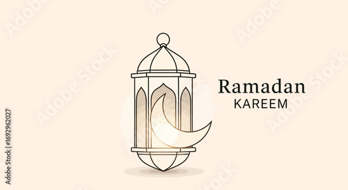 Traditional Islamic Ramadan Lantern with Crescent Moon and Greeting.