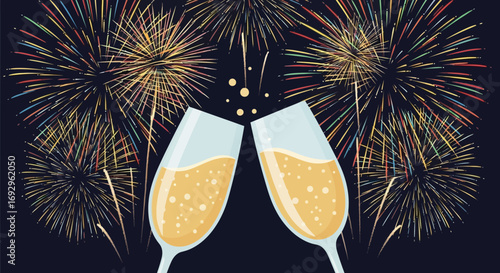 Two Champagne Flutes Toasting Festive Sparkling Wine Celebration Toast.