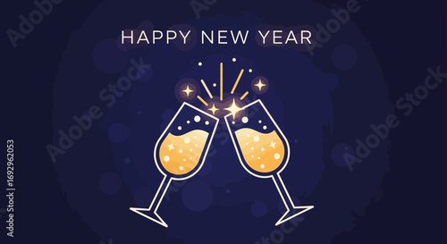 Two Champagne Flutes Toasting Happy New Year Illustration.