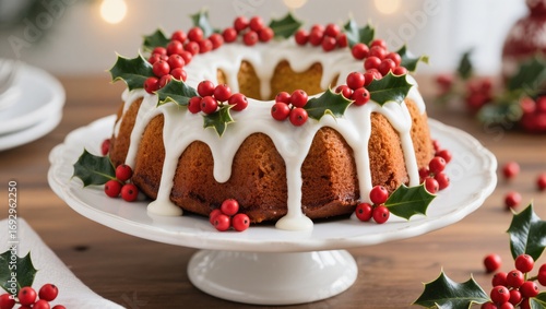 Festive Bundt Cake Decorated With Red Berries and Holly for a Holiday Celebration