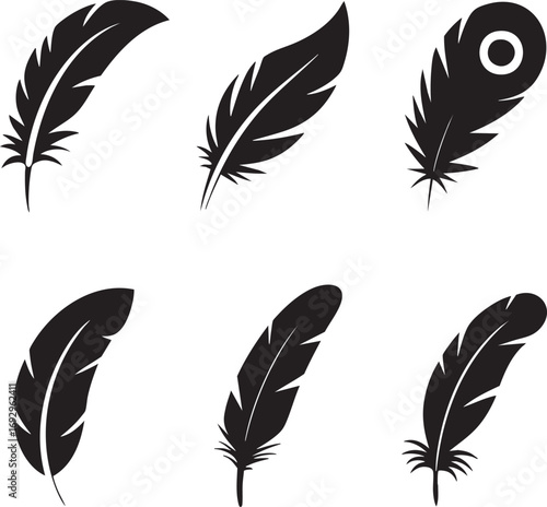 Six Black Feather Silhouettes Design Elements Set