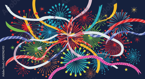 Vibrant Fireworks and Ribbons Celebration Design.