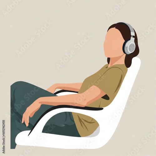 Woman Relaxing in Chair with Headphones, Listening to Music, Enjoying Leisure Time