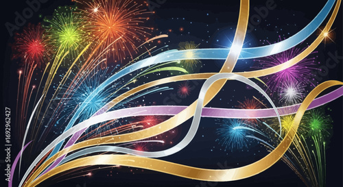 Vibrant Fireworks and Ribbon Streamers Against a Dark Night Sky.