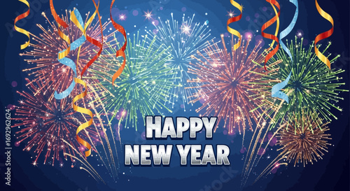Vibrant Fireworks Display with Happy New Year Text and Streamers.
