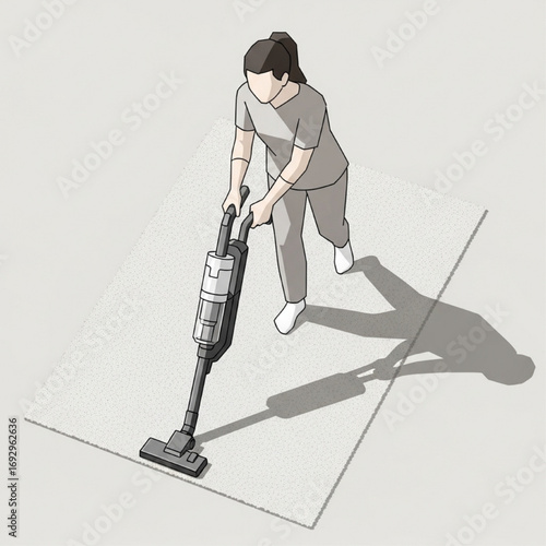 High-angle view illustration of a woman vacuuming a rug as part of her household chores