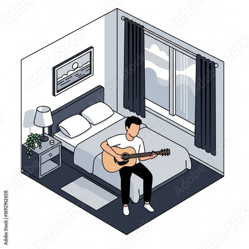 Man playing acoustic guitar in a cozy bedroom, enjoying a peaceful creative personal hobby