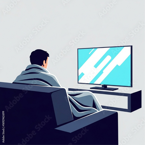 Person covered in blanket relaxing and watching a bright screen television on the sofa
