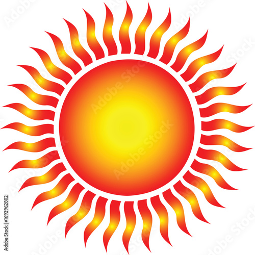 Radiant Sun: An illustrated depiction of the sun, radiating warmth and energy with vibrant, fiery hues of yellow and orange, symbolizing life and vitality.