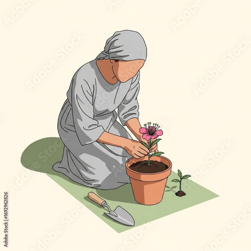 Gardener Planting Flower in Pot with Tools and Seedling