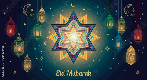 Vibrant Islamic Star Lanterns and Crescent Moon for Eid Mubarak Celebration.