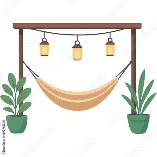 Comfortable hammock hanging in a garden setting with string lights and houseplants, perfect for leisure and rest