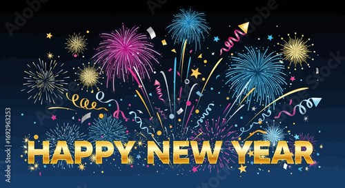 Vibrant New Years Eve Fireworks Display with Golden Text.